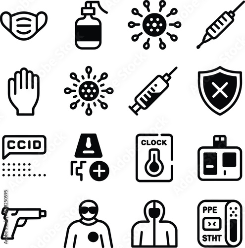 Collection of medical and safety icons related to health and disease prevention