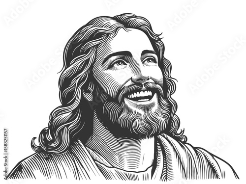 Jesus Christ smiling, surrounded by radiant circular halo lines sketch engraving generative ai fictional character vector illustration. Scratch board imitation. Black and white image.