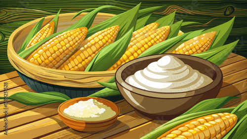 Bowl of corn flour surrounded by fresh corn cobs on a rustic wooden table, natural and fresh