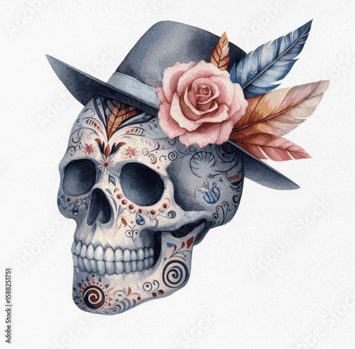 Drip Crown Skull with a hat isolated watercolor vector illustration svg