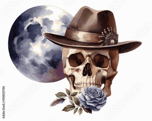Topped Remains Skull with a hat isolated watercolor vector illustration svg
