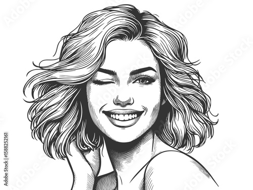 smiling pin-up style woman with classic hairstyle, winking and posing with a playful expression sketch engraving generative ai fictional character vector. Scratch board. Black and white image.