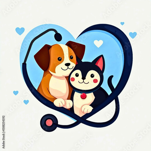 Vector illustration of a stethoscope shaped into a heart around a dog and cat, symbolizing animal care, medical flat icon style