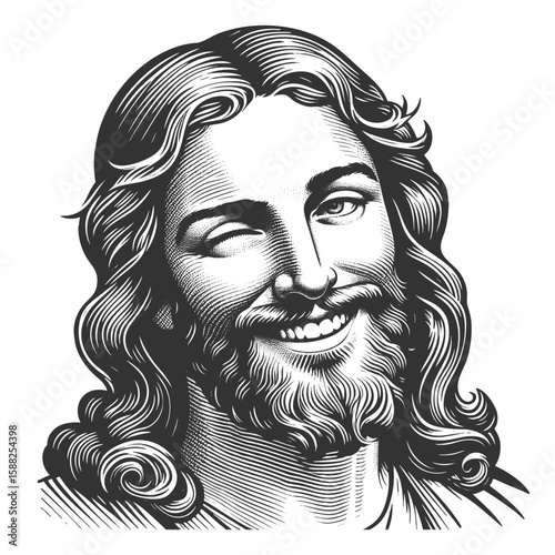 Jesus Christ with a crown of thorns, smiling and winking playfully, surrounded by a radiant halo sketch engraving generative ai fictional character vector illustration. Scratch board. Black and white.