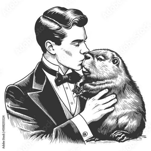 man in a tuxedo about to kiss a curious capybara, humorous and surreal composition sketch engraving generative ai fictional character vector illustration. Scratch board. Black and white image.