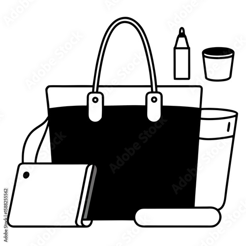 Tote bag spilled open to reveal a laptop, pens, a water bottle, a planner, glasses, and earbuds. Clea, an organized look.