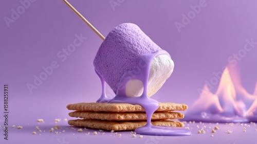 Purple marshmallow melting over cookies with creamy glaze and soft fire in the background, pastel violet tones, dreamy snack concept for branding, packaging, blog visuals and advertising
