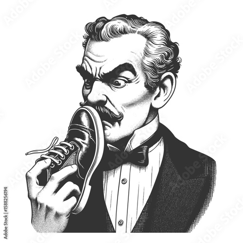 stern bald man intently sniffing a dress shoe, combining surreal humor with classic vintage style sketch engraving generative ai fictional character vector illustration. Scratch board. Black and white