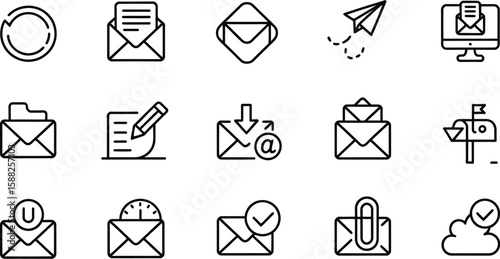 A collection of fifteen email and messaging related outline style icons