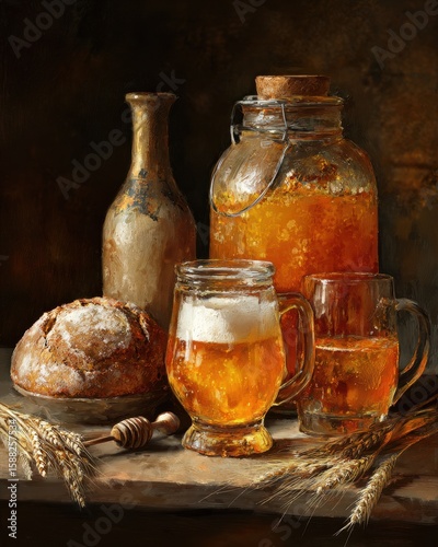 Honey Beer. Mead and Honey Jar with Wheat and Barley Glasses