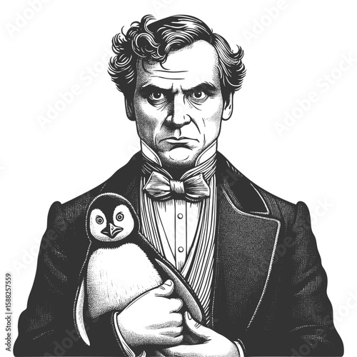 Victorian gentleman in a top hat holding a surprised penguin sketch engraving generative ai fictional character vector illustration. Scratch board imitation. Black and white image.