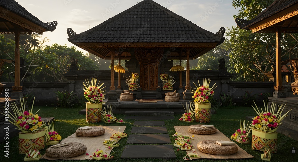 Fototapeta premium Serene Balinese Pavilion with Traditional Offerings and Cushions in a Lush Garden, Cultural Ceremony Setup in Bali