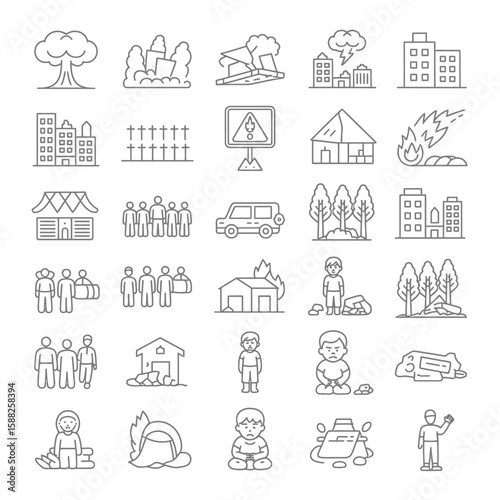 Collection of Line Art Icons Depicting Natural Disasters and Their Impact on People and Buildings Including Earthquakes Volcanoes Wildfires Floods and Atomic Explosions