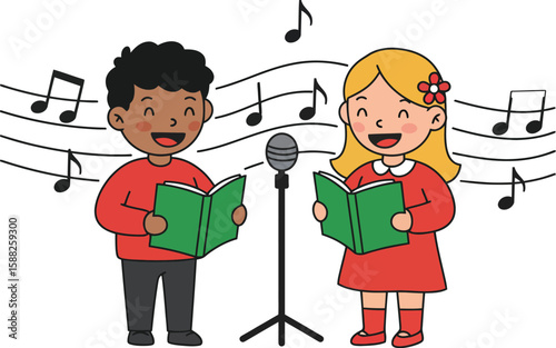 Two children, dressed in festive attire, sing carols with books and microphones, surrounded by musical notes.
