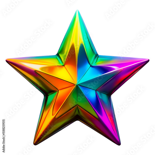 Shimmering Chroma Star. Abstract metallic star, boasting dazzling holographic sheen and iridescent rainbow gradient in shades of blue, purple, yellow, and green. transparent background, cutout, png.