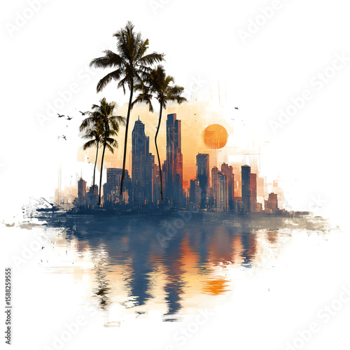 Watercolor skyline featuring palm trees and sunset reflecting on water, suitable for travel posters or modern artwork with transparent background.
