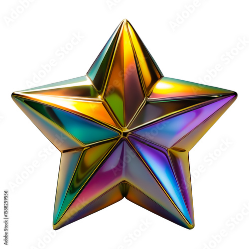Shimmering Chroma Star. Abstract metallic star, boasting dazzling holographic sheen and iridescent rainbow gradient in shades of blue, purple, yellow, and green. transparent background, cutout, png.