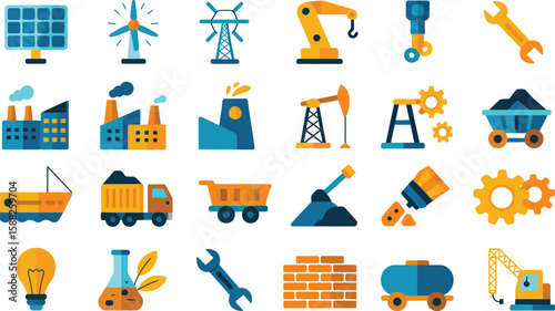 Illustration of industrial and manufacturing icons on a white background