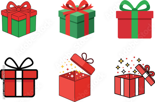 Six colorful gift boxes with ribbons, some closed and some open with sparkling contents.