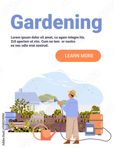 Gardening man watering plants backyard garden landscape hose watering can barrels trees fence flat design website banner