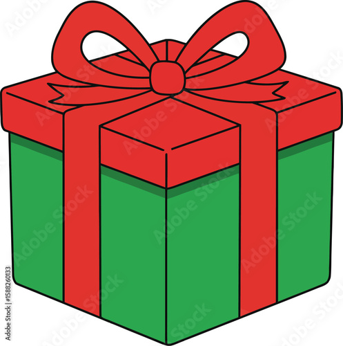 A green gift box adorned with a large red ribbon and bow.