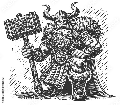 Viking warrior in horned helmet and armor, holding a massive ornate hammer with a strong stance sketch engraving generative ai vector illustration. Scratch board imitation. Black and white image.