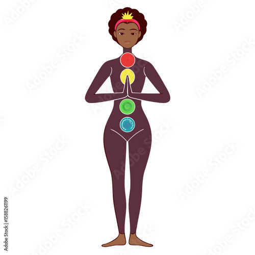 Black woman with chakra symbols in yoga pose meditation chakras