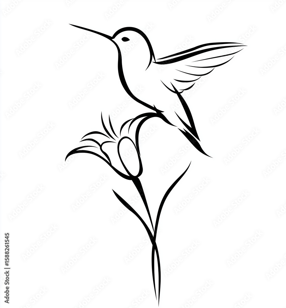 Fototapeta premium One-line drawing of a hummingbird and flower, a simple vector graphic outline