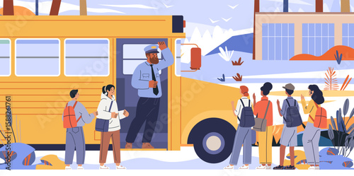 School bus students boarding driver greeting autumn landscape building outdoor scene backpacks foliage