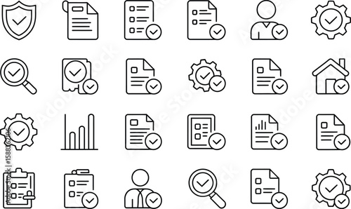 A collection of black and white line icons showing document and checkmark symbols