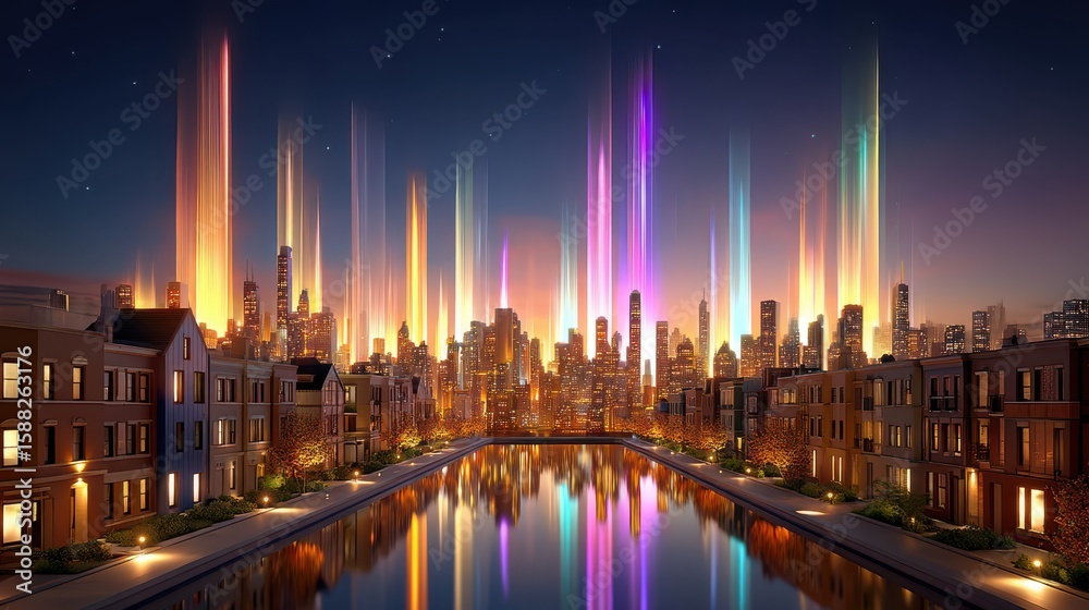 Fototapeta premium Futuristic cityscape with digital financial projections and holographic displays