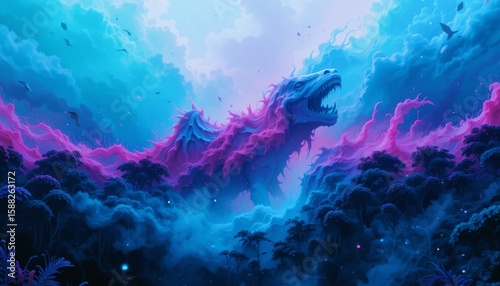 A mythical creature with vibrant colors emerges from a dense forest, surrounded by swirling clouds as dawn breaks. The scene is filled with ethereal beauty and wonder.