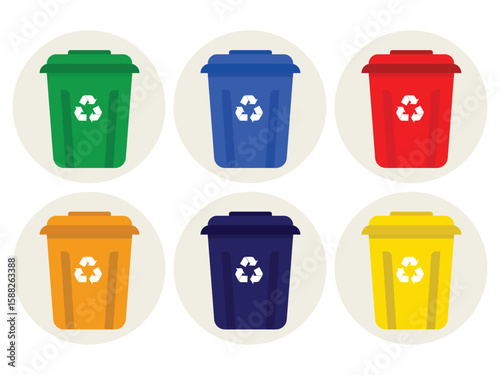 Trash cans isolated on white background. Waste bins with icons of ecological processing of products. household trash can