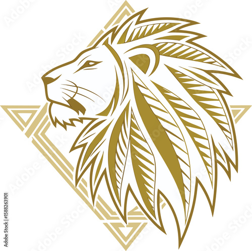 Lion Head Symbolism: An illustration of a lion's head in profile, meticulously drawn with ornate linework, embodying majesty and strength against a geometric backdrop.