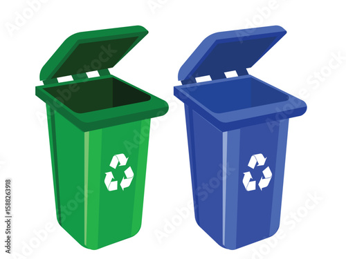 Trash cans isolated on white background. Waste bins with icons of ecological processing of products. household trash can
