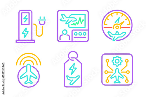 Icons representing electric aviation components and technology for modern aircraft systems