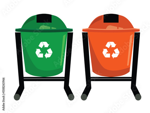 Trash cans isolated on white background. Waste bins with icons of ecological processing of products. household trash can