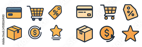Icons depicting common shopping elements including carts, tags, and payment methods in a simple design for e-commerce applications