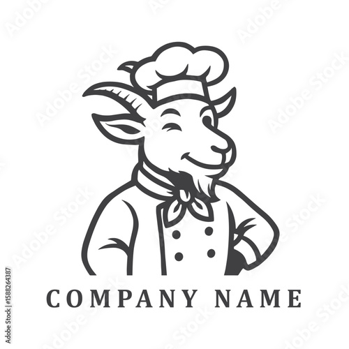 Cartoon-style black-and-white logo of a playful goat chef wearing full chef attire, winking with charm and confidence.