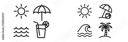 Simple summer icons featuring sun, beach elements, and tropical drinks create a lively vacation vibe