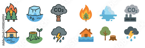 Climate change symbols representing environmental threats and impacts on ecosystems and humans