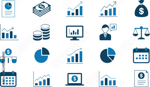 A collection of blue financial and business icons displayed on a white background