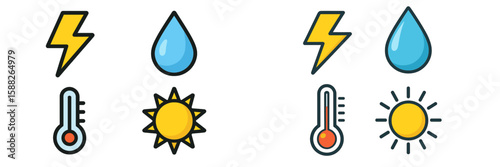 Weather symbols representing sunny and rainy conditions with temperature indicators