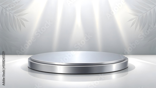 Modern silver podium with soft spotlighting and subtle leaf shadows on a clean white background