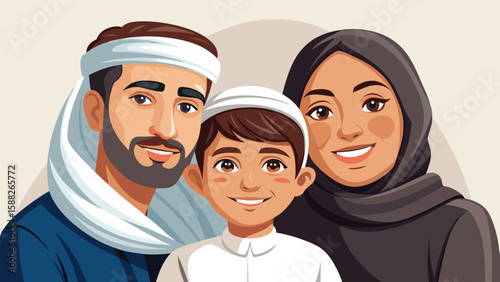 A smiling muslim family poses together for a portrait