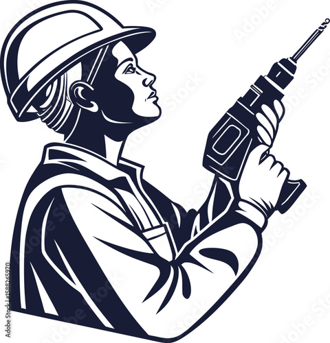 Handywork Portrait: A focused builder, clad in protective headgear, holds a power drill aloft, ready for work