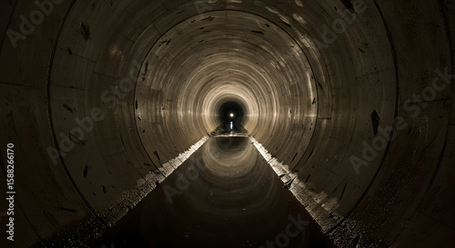 Inside concrete storm sewer tunnel with water. Industrial underground utility infrastructure