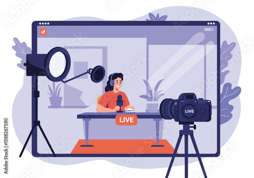Podcast Recording Studio Flat Vector Illustration