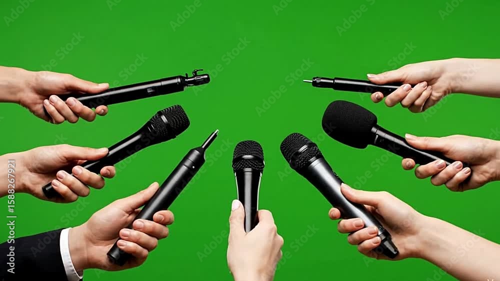 Hands holding microphones on green screen for press conference or interview coverage event scene