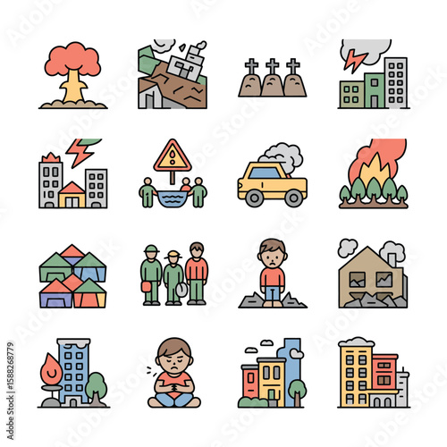 Colorful Disaster Relief Icons Set Earthquake Flood Fire Volcano Tsunami Building Destruction Refugee Camp Aid Workers Sad People